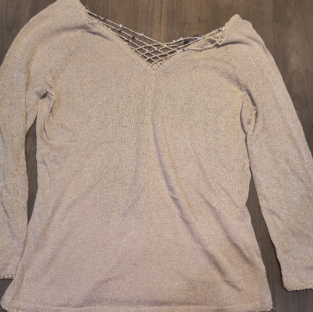 Chic Beige Long Sleeve Women's Top with Net Detail